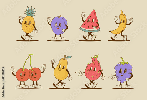 Set of retro cartoon fruit and berry characters. Watermelon, cherry, pear, pineapple, dragon fruit, plum, banana, blackberry, banana mascot. Vintage vector illustration.