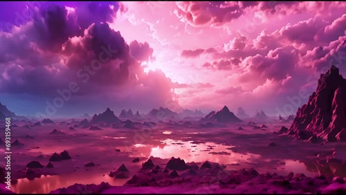 purple mystery vast alien landscape planet surface - sunset - stormy vibrant purple sunset sky - arid rocky fantasy landscape photo