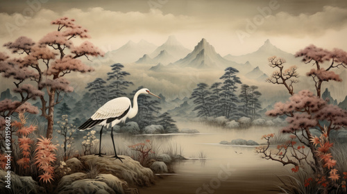 Drawing wallpaper of a landscape of birds crane in the middle of the forest in Japanese vintage style photo