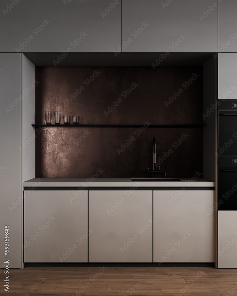 Front view of modern dark kitchen room interior with furniture and kitchenware, 3d rendering Front view of modern dark kitchen room interior with furniture and kitchenware, 3d rendering