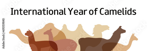 International Year of Camelids. Bactrian camel, Alpaca,  dromedary, guanaco, llama, vicuña silhouettes. Horizontal banner. Vector illustration. 