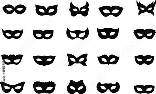 Set of flat carnival masks silhouettes. Simple black icons of masquerade masks, for party, parade and carnival, for Mardi Gras and Halloween. Mask elements. Face mask