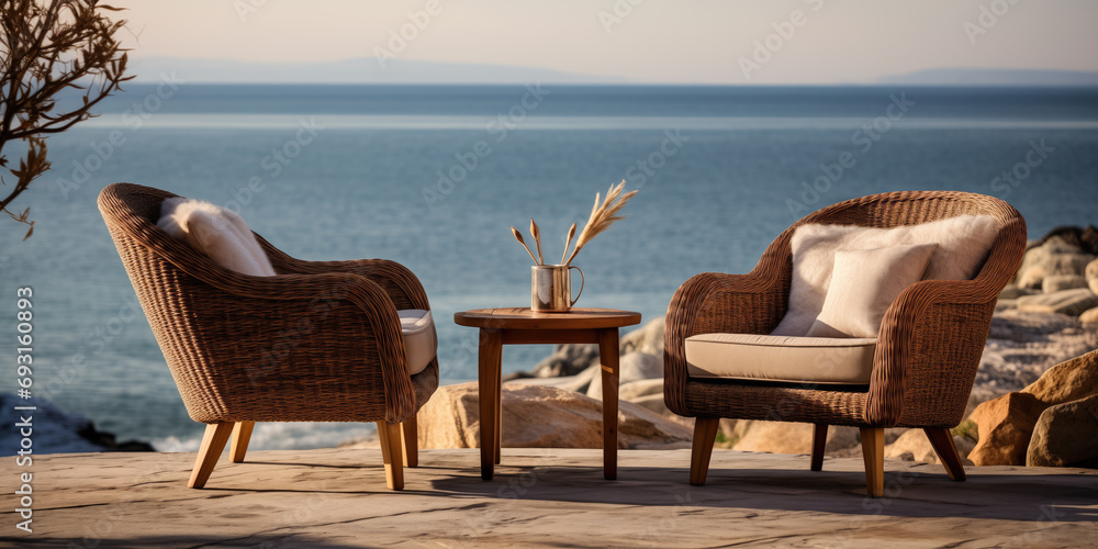 Fototapeta premium Two outdoor lounge chairs next to sea coast. 
