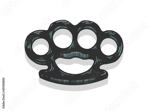 Brass knuckles engraving sketch style hand drawn color vector illustration. Scratch board style imitation. Black and white hand drawn image.
