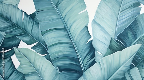 Watercolor tropical banana leaf pattern wallpaper with a light blue background © MdImam