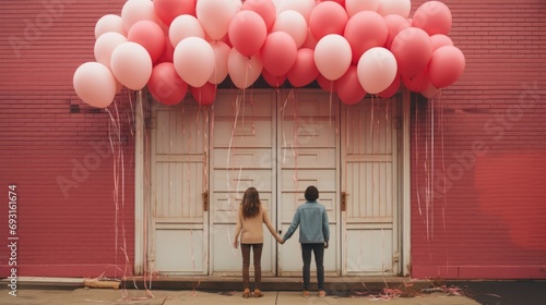 couple with balloons, holding hands photo