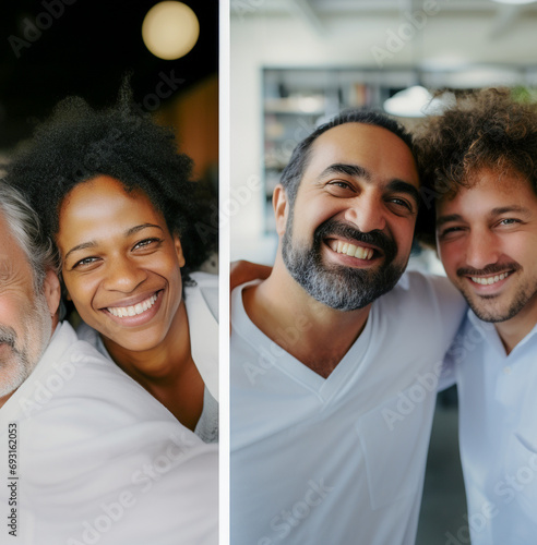 Empleados felices se reúnen para mostrar la belleza de la diversidad, los diferentes orígenes y culturas en el lugar de trabajo. photo
