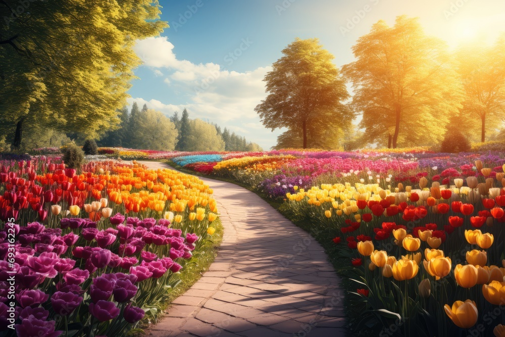 A winding pathway leads through a vibrant field of colorful flowers, each bloom a unique spectacle of nature adding to the magical atmosphere - obrazy, fototapety, plakaty 