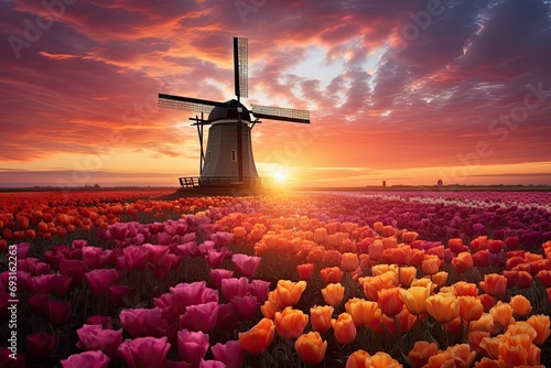 Colorful tulips Mix flowers growing in spring field in Holland park, in sunlight and Dutch rustic windmill  photo