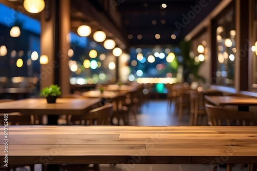 The empty wooden table top with blur background of restaurant at night. © Jamshed