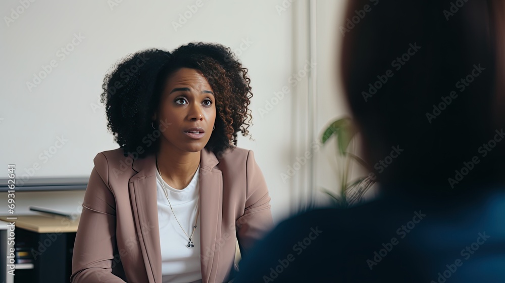 Middle aged African-American woman at an appointment with a psychologist. The psychotherapist listens carefully to the patient’s story. She delves into the problem and helps the patient solve the - obrazy, fototapety, plakaty 
