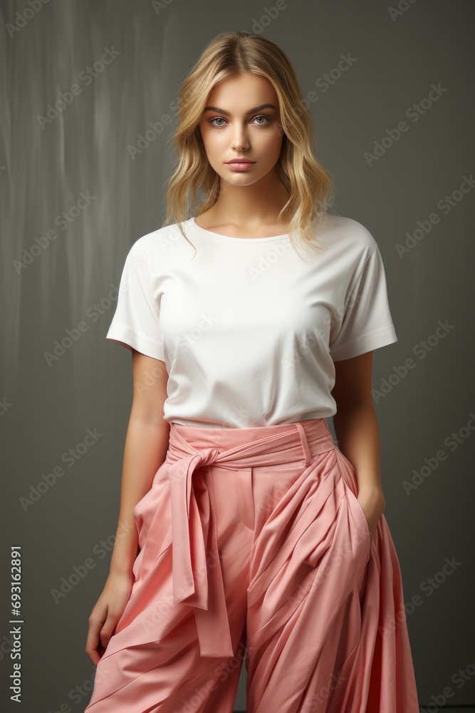 a stylish woman confidently rocks long peach-colored trousers a stylish woman confidently rocks long peach-colored trousers