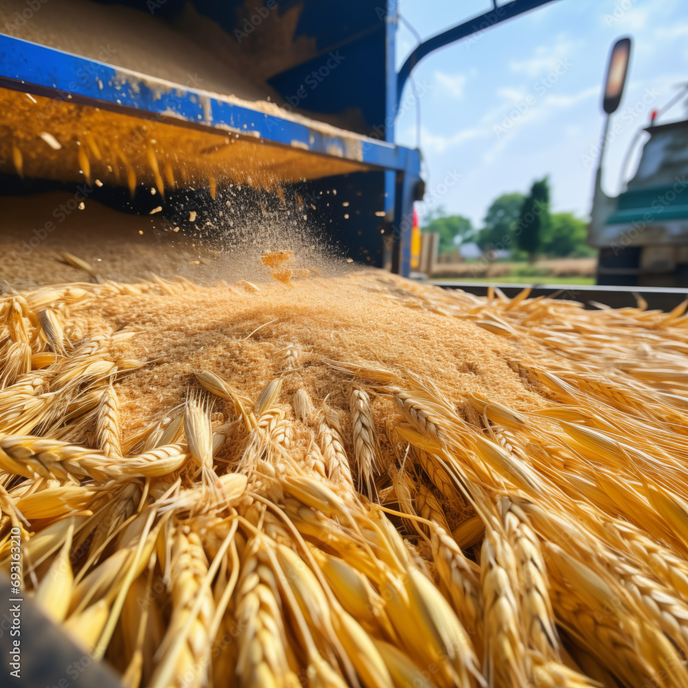 Wheat being harvested in a field into the back of a truck