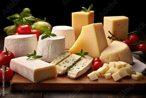cheese variations mozzarella, parmiggiano, bel paese, grana padano, fontina on the table