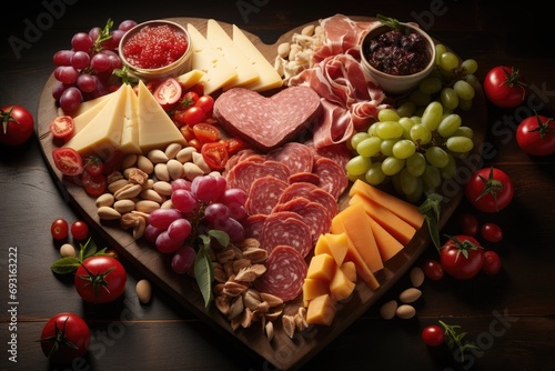 heart shaped charcuterie board filled with a selection of cured meats, cheese slices, crackers, grapes, nuts, and berries, arranged to create a romantic and appetizing spread photo