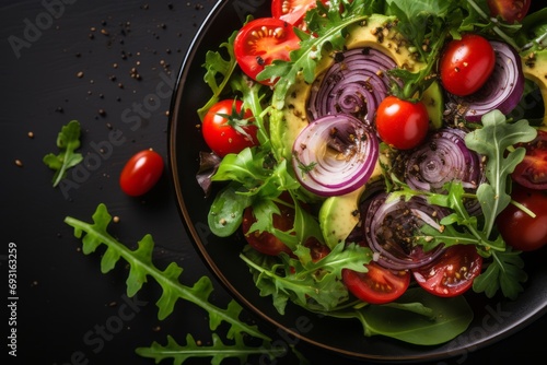 Avocado salad with cherry tomatoes, cucumber, red onion, and lettuce on dark blue background