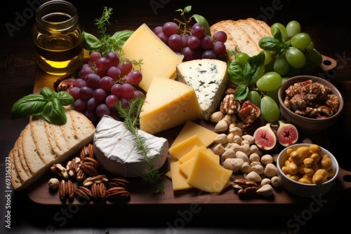 cheese variations mozzarella, parmiggiano, bel paese, grana padano, fontina with fruits and nuts on the table photo