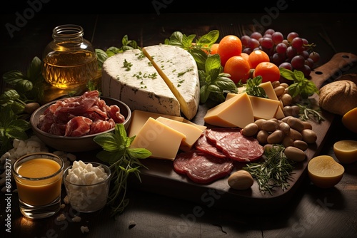 An assortment of delectable cheeses and savory meats beautifully arranged on a table, tempting the taste buds with their rich flavors and textures