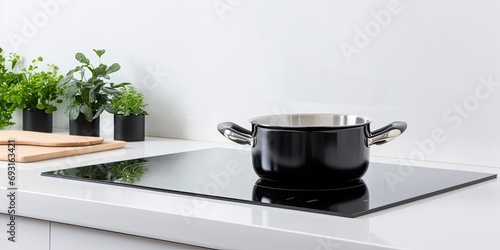 Modern black induction stove with ceramic top in white kitchen. photo