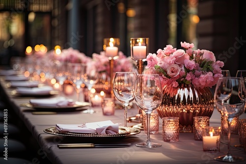 beautiful table setting for a Wedding with pink flowers