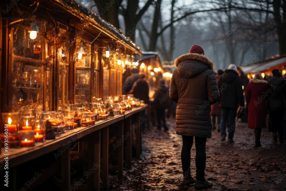Amidst the festive atmosphere, people enjoy the vibrant Christmas market, immersed in holiday cheer, shopping for seasonal delights and creating joyful memories.