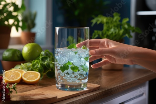 hand holding  glass of Clean water 