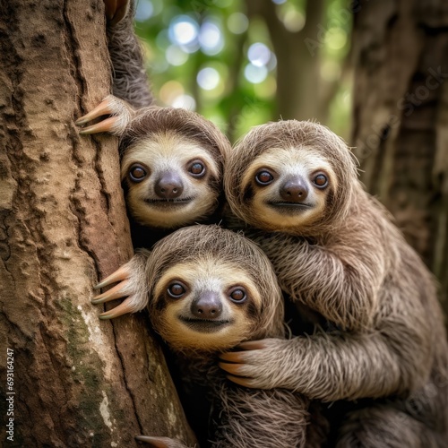 A family of adorable sloths clings contentedly to a tree trunk