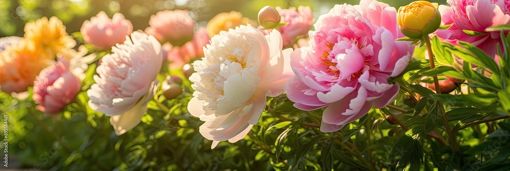 Fototapeta premium A stunning display of natures beauty, a row of vibrant pink and yellow flowers stand tall in a lush garden
