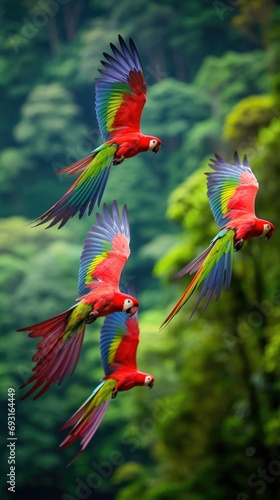 A flock of parrots in flight, their vibrant plumage contrasting against the lush green foliage