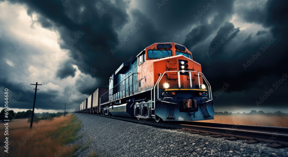 a freight train traveling down a railroad track with dark clouds behind it - obrazy, fototapety, plakaty 