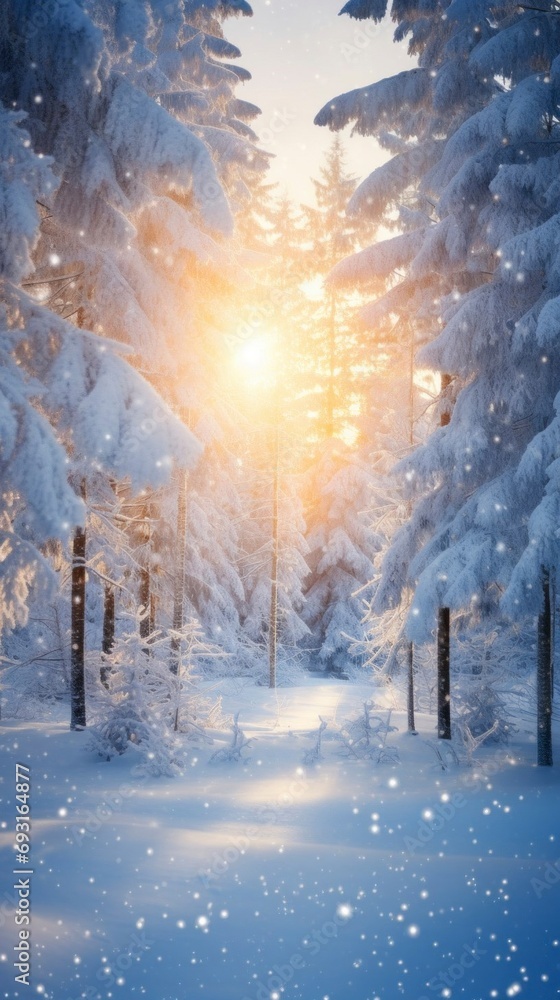 a snowy forest adorned with sparkling snow, bathed in the gentle glow of sun rays.