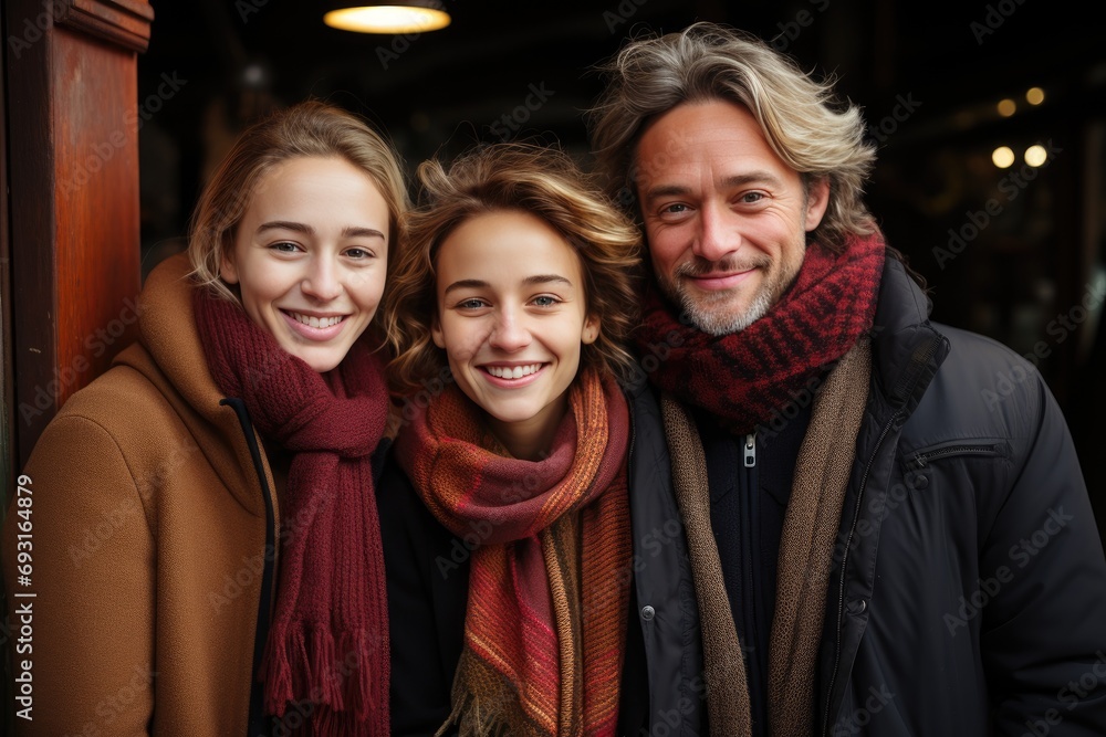 A man and two women stand side by side in a group, posing for a photo. A man and two women stand side by side in a group, posing for a photo.