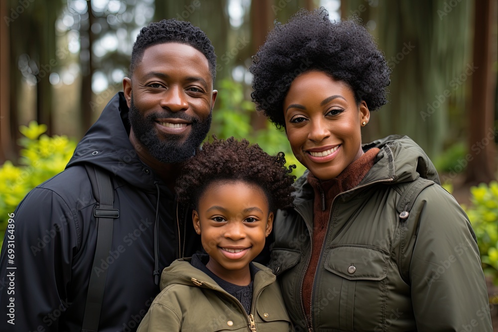 A man, woman, and child stand together in the woods, posing for a picture amidst the trees. A man, woman, and child stand together in the woods, posing for a picture amidst the trees.