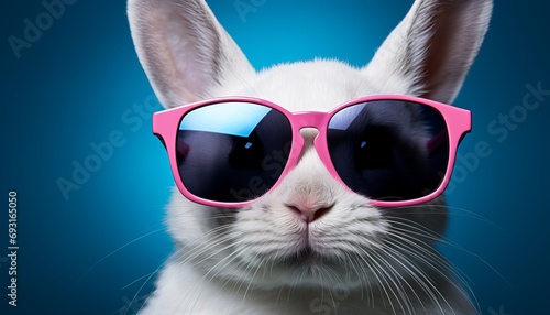 Playful white bunny with sunglasses on vibrant background studio shot with text space
