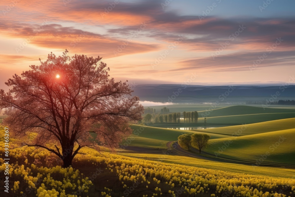 Easter  sunrise over landscape with pear and cherry blossom 