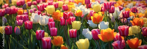 Panoramic colorful tulip field background