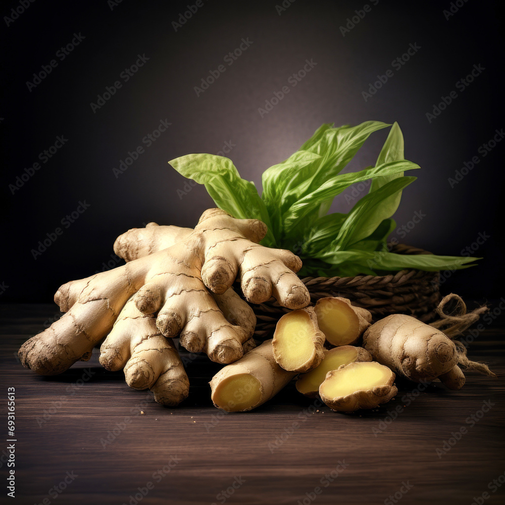 Fresh ginger with green leaves on wooden table Fresh ginger with green leaves on wooden table