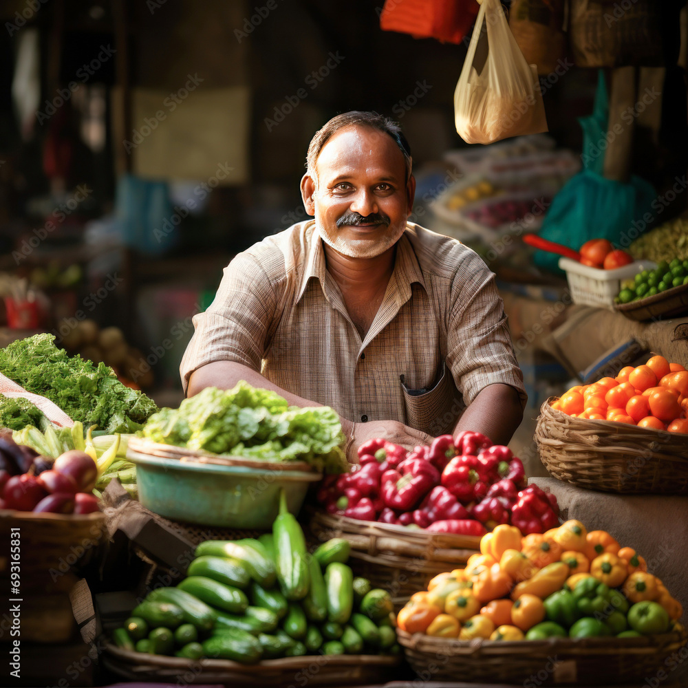 Indian vegetable seller sitting at shop and smiling Indian vegetable seller sitting at shop and smiling