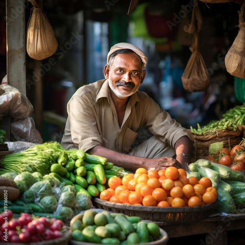 Indian vegetable seller sitting at shop and smiling © Bilal