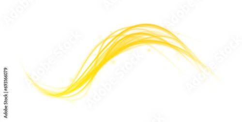 Glitter particles with lines. Yellow magic spirals with sparkles. Golden glowing shiny spiral lines effect. PNG.