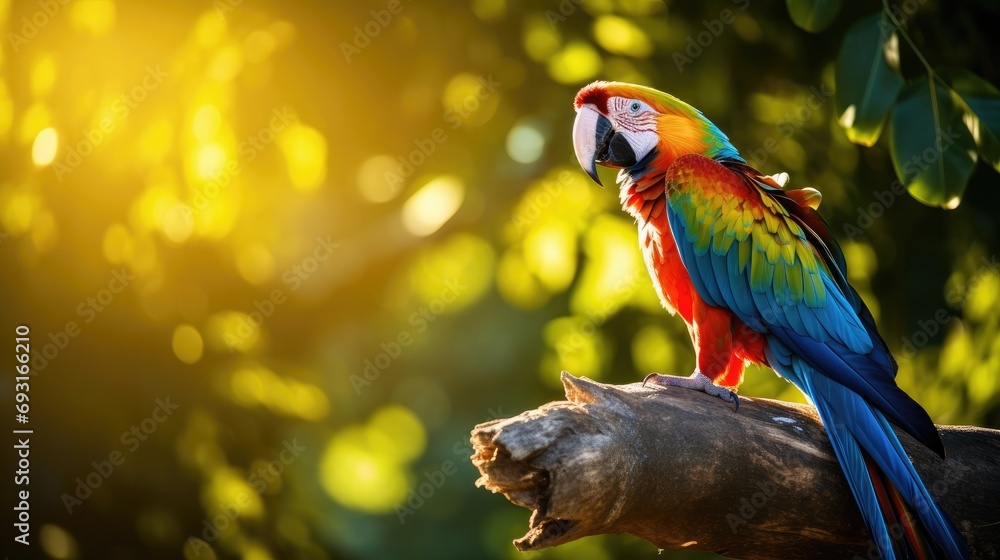 A majestic macaw posing on a tree trunk, with its vibrant blue and green feathers shining