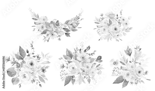 monochrome black and white rose bouquets and borders, light roses and dried flowers with gold line art, blossom at retro engraving style, invitations, cards, wall art, card decoration, logo