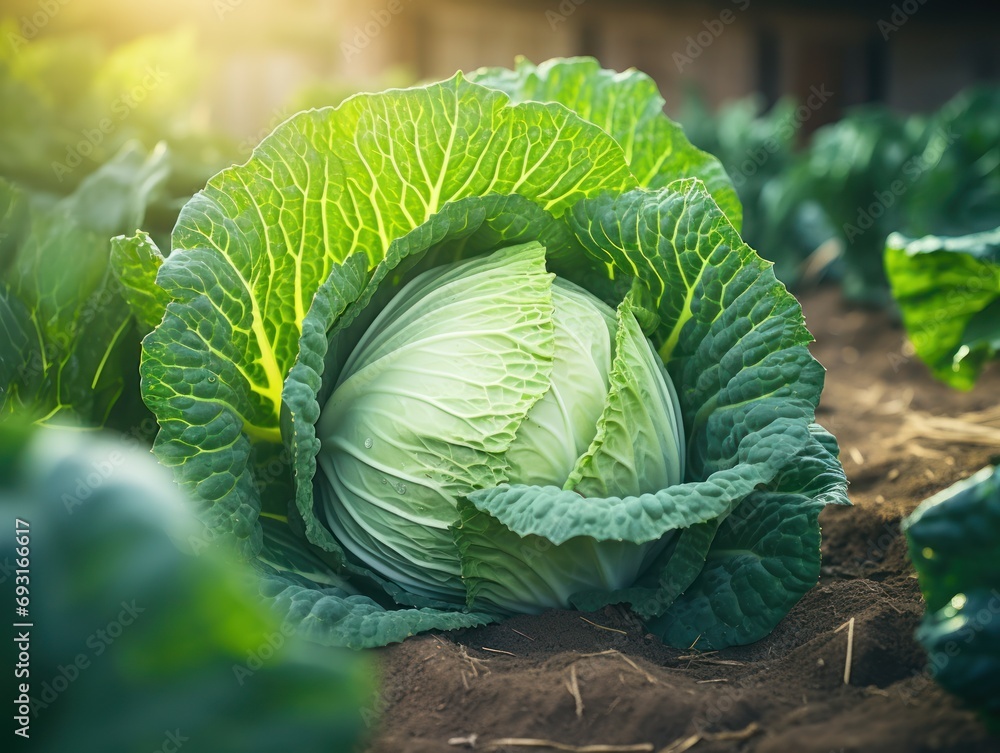 Obraz premium Fresh cabbage at agriculture field.