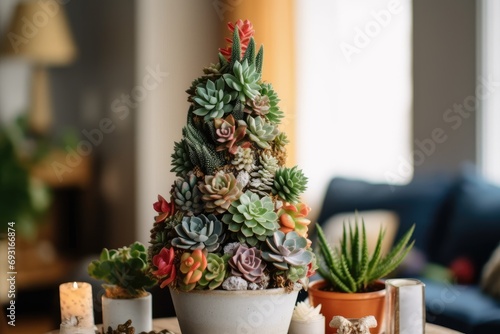 Colorful Christmas tree made from different varieties of succulents in living room 