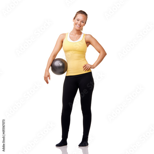 Portrait, smile and woman with medicine ball, exercise or training healthy body isolated on white studio background mockup space. Happy person on pilates equipment, fitness or workout in Switzerland