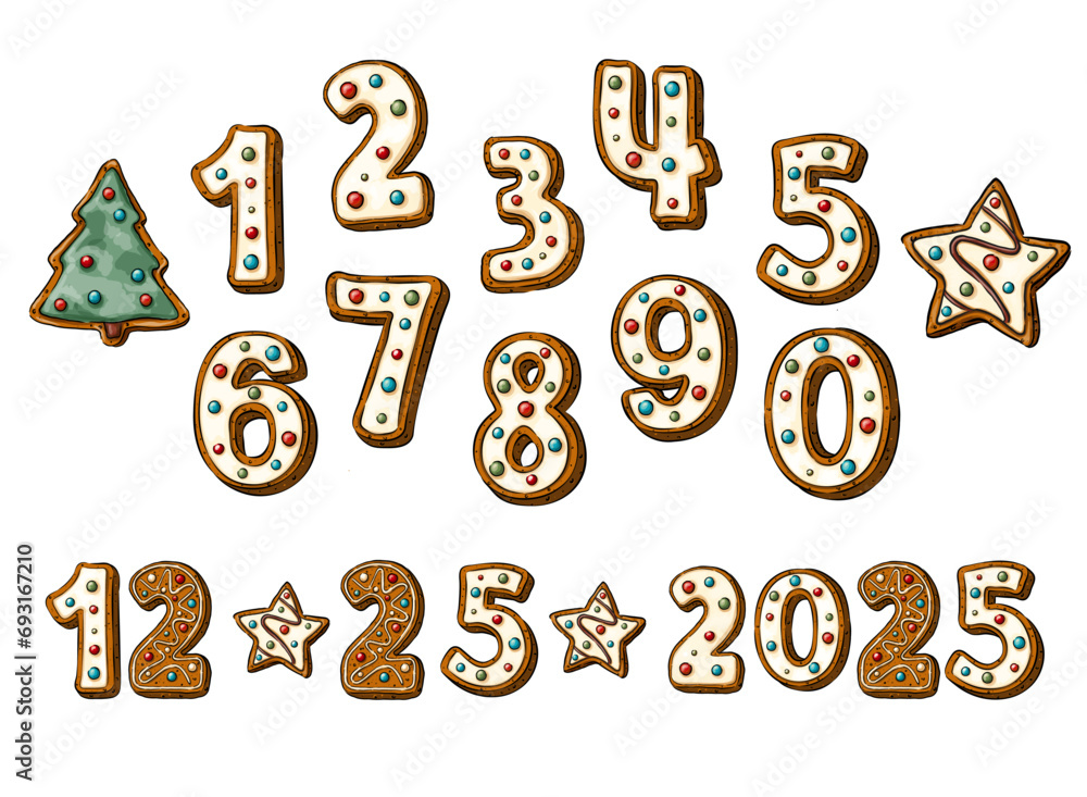 set of gingerbread cookie numbers with the phrase, top view in cartoon style. Sweet cookies in New Year message isolated on white background. Vector illustration set of gingerbread cookie numbers with the phrase, top view in cartoon style. Sweet cookies in New Year message isolated on white background. Vector illustration