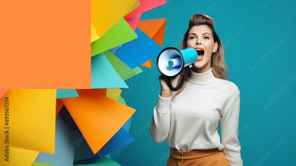 Fototapeta premium Young woman holding and shouting in megaphone. Colorful trendy background in pop art style pink blue yellow. Sales commercial communication banner with copy space
