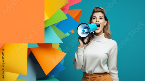 Young woman holding and shouting in megaphone. Colorful trendy background in pop art style pink blue yellow. Sales commercial communication banner with copy space photo
