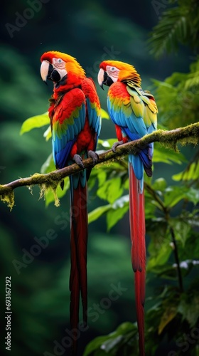 A pair of brilliantly colored macaws perch atop a branch