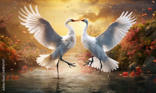 a pair of white cranes flies in to each other flying over water